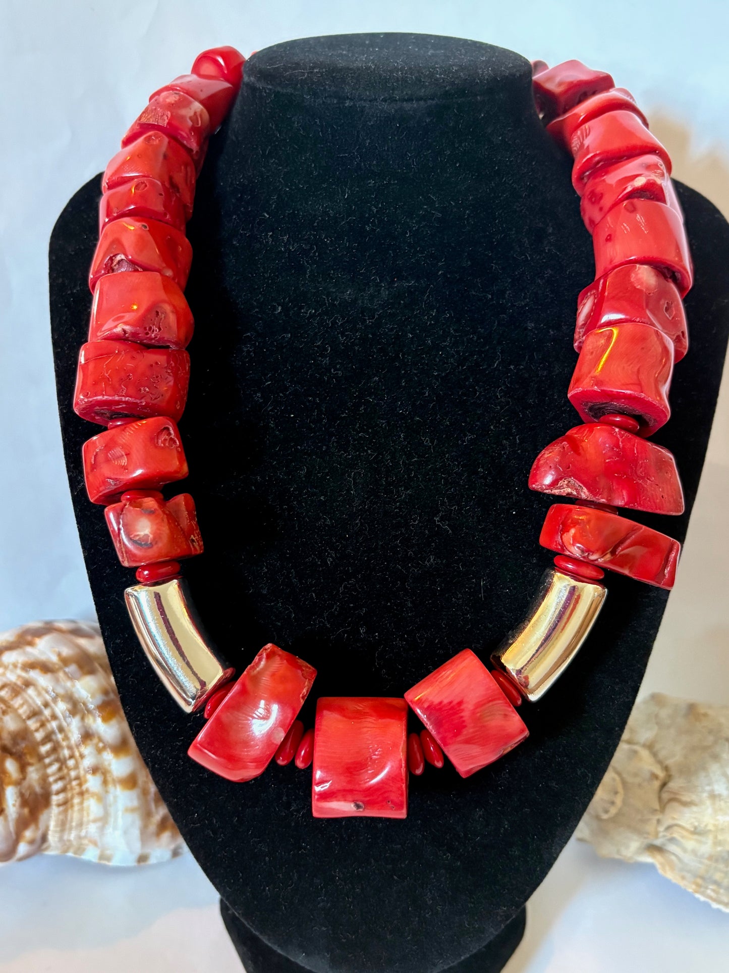 Massive Vintage Korallenkette 291 g – Große Blockperlen in Rot-Orange – Statement Collier