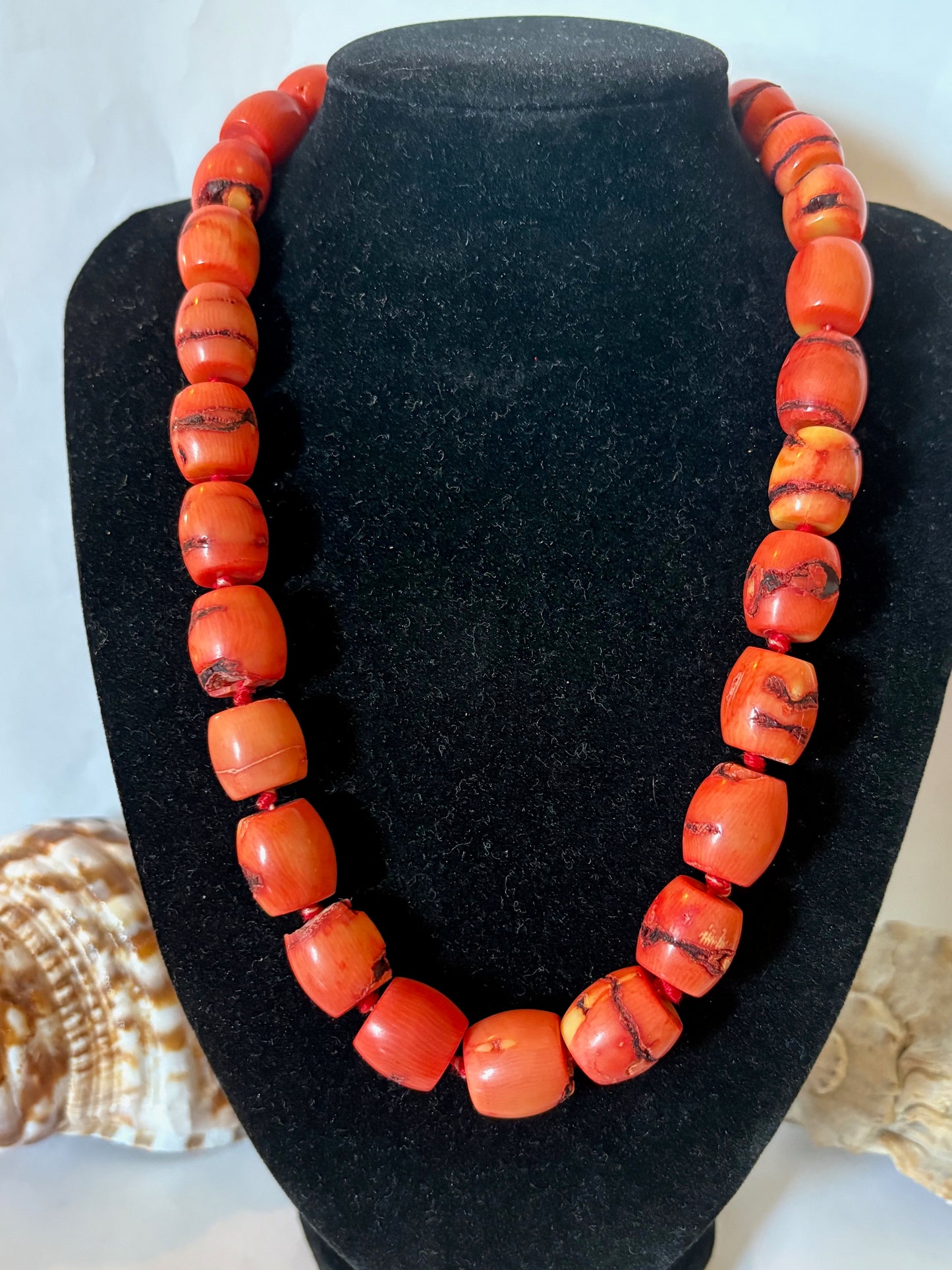 Massive Vintage Korallenkette mit Walzenperlen – Rot-Orange Statement Collier 140 g