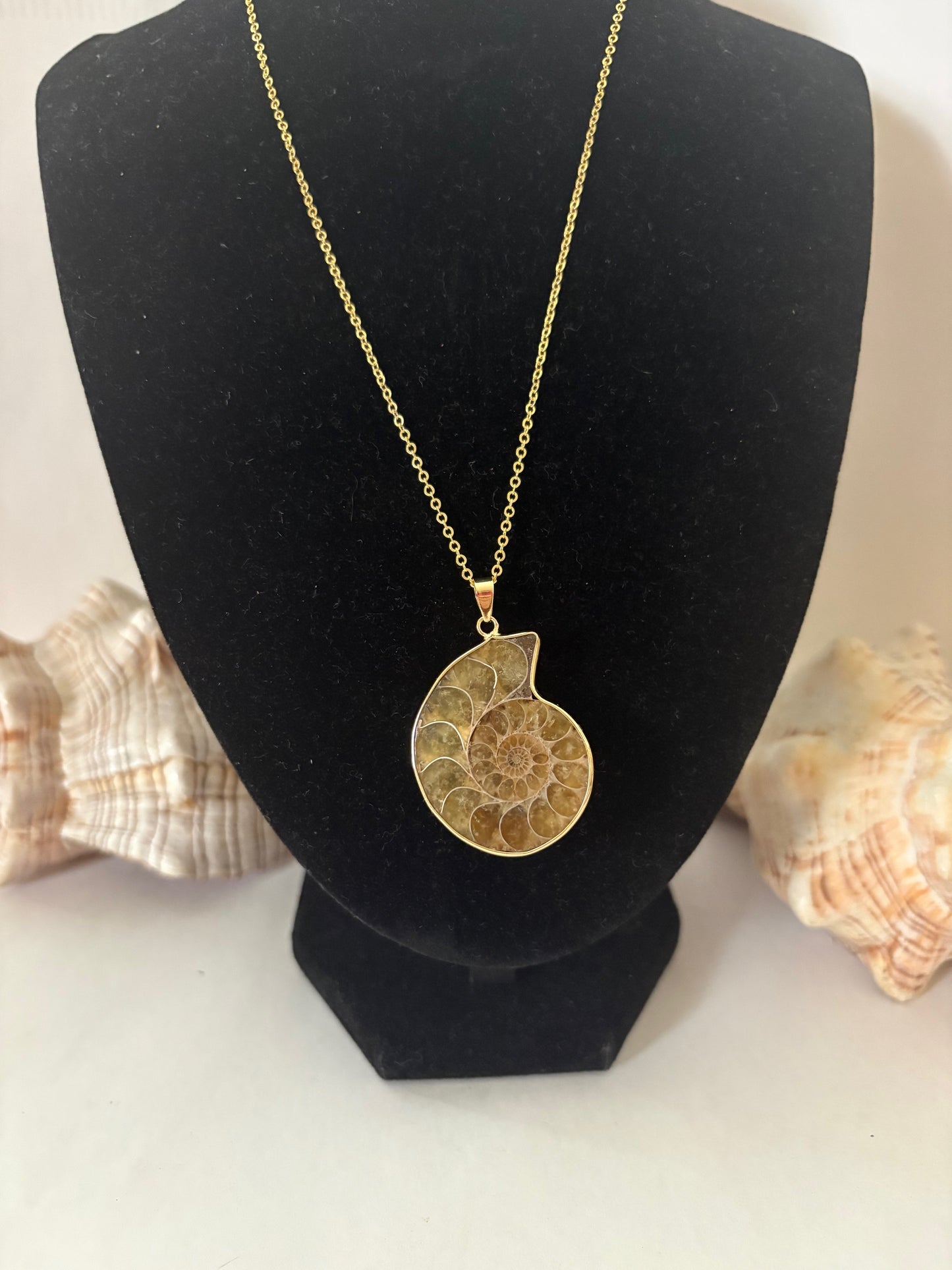 Vintage-Halskette mit Ammonitenfossil-Anhänger aus Madagaskar, vergoldete Kette