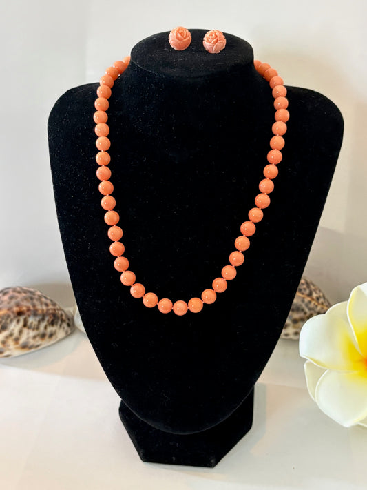 Vintage Engelshautkoralle-Set – rosa Korallenkette & Ohrringe, ca. 44 cm