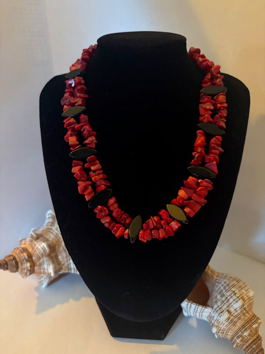 Koralle/Obsidian-Kette, rot-schwarz, zweireihig