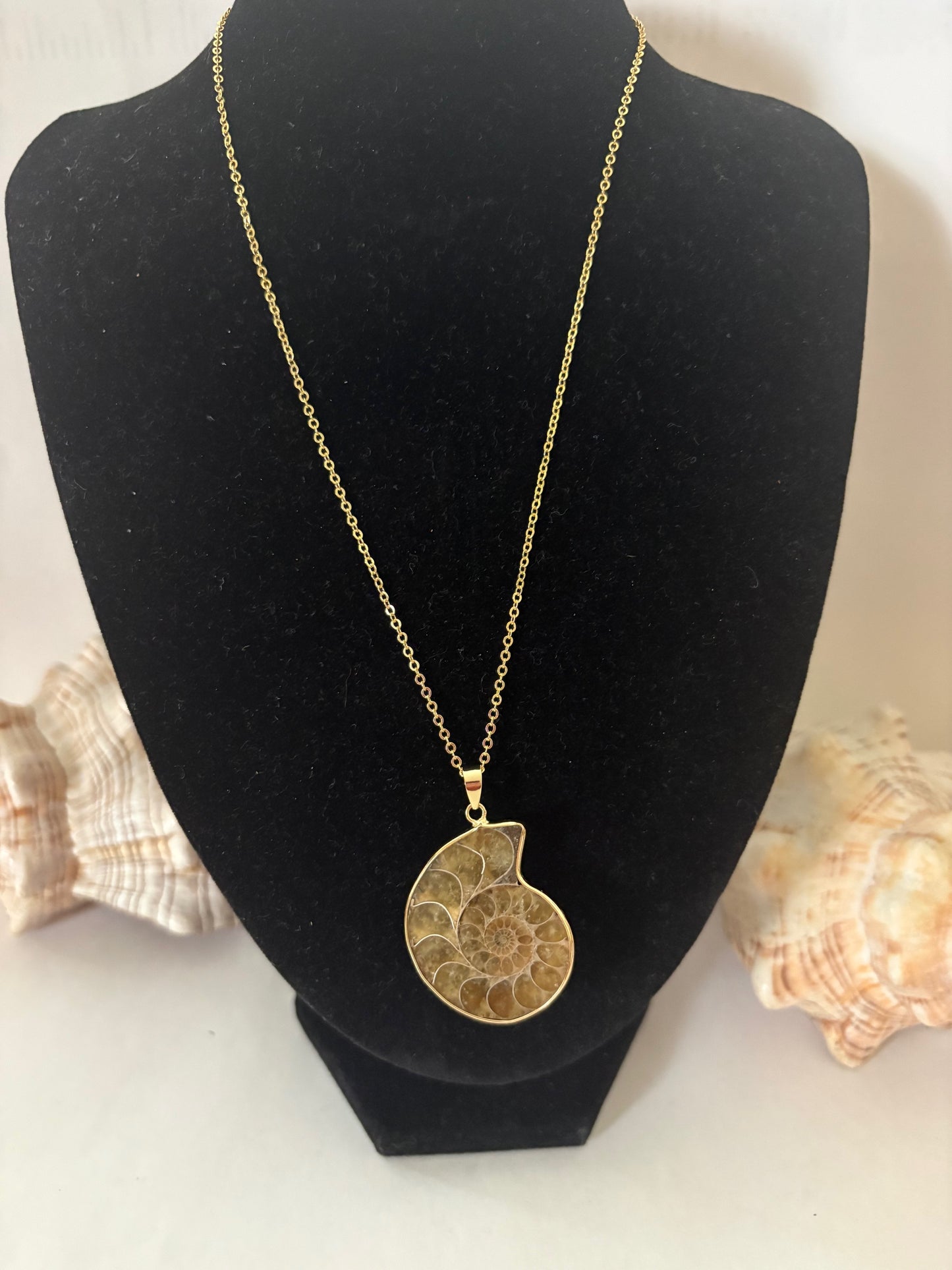 Vintage-Halskette mit Ammonitenfossil-Anhänger aus Madagaskar, vergoldete Kette