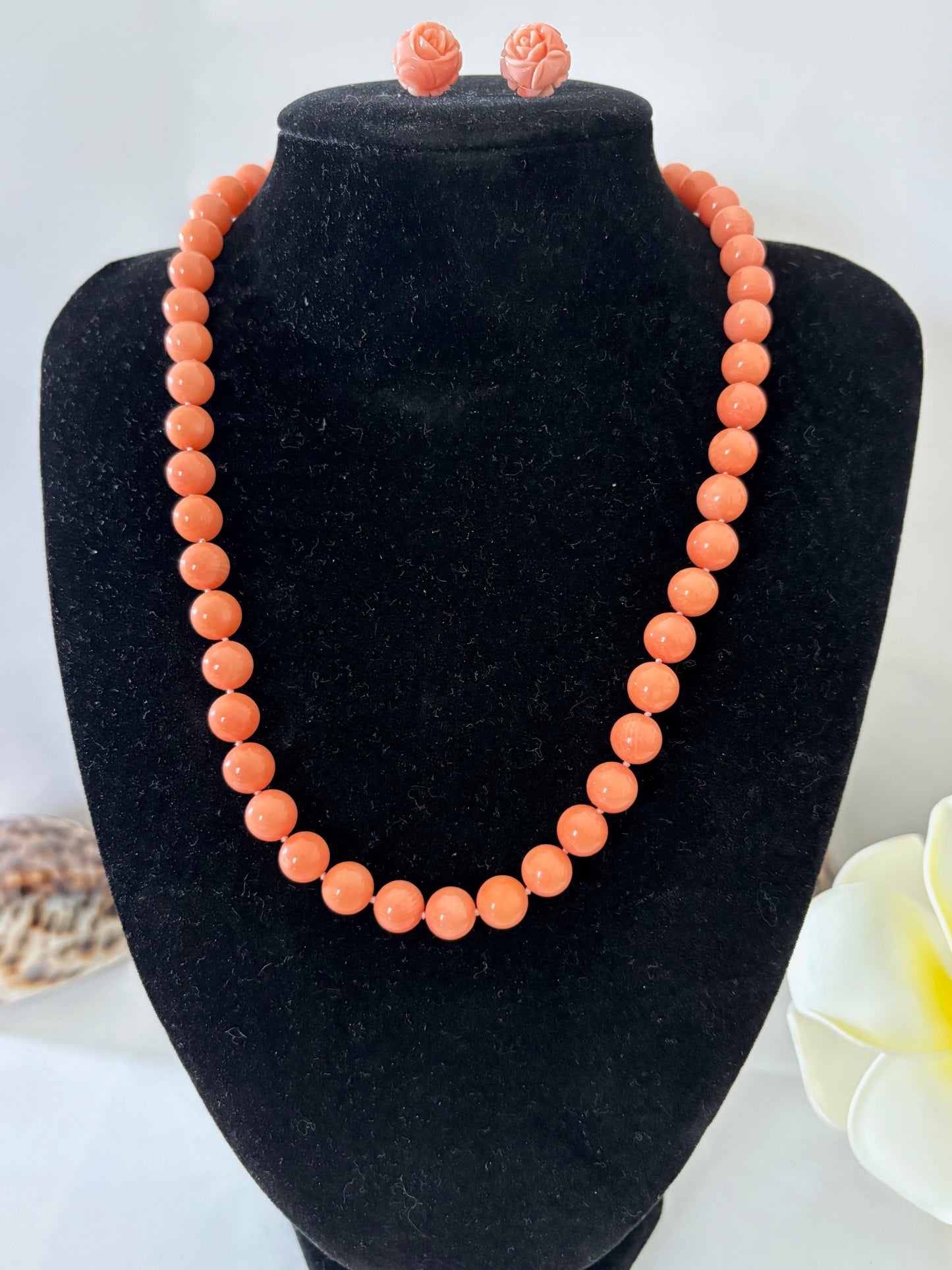 Vintage Engelshautkoralle-Set – rosa Korallenkette & Ohrringe, ca. 44 cm