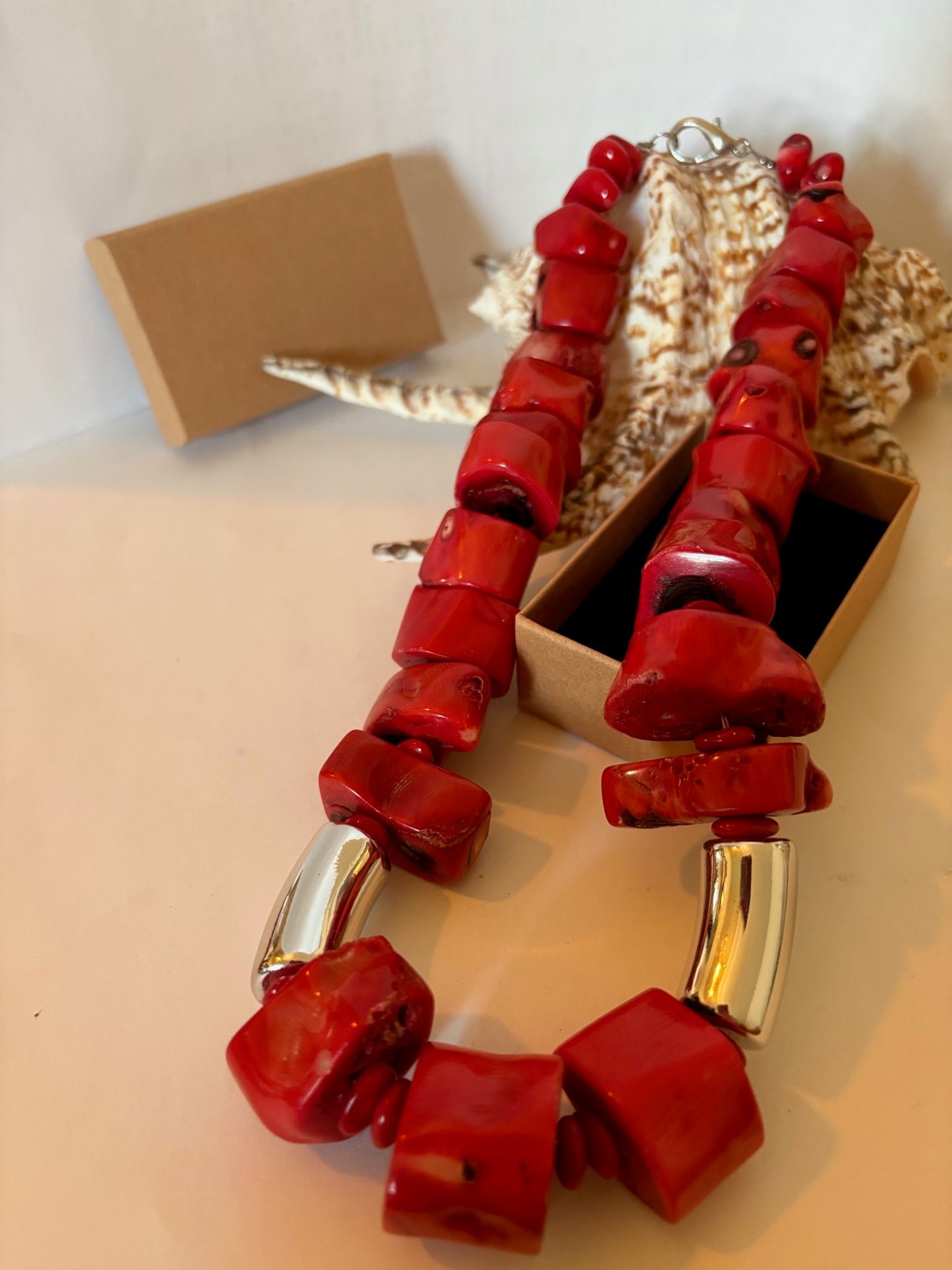 Massive Vintage Korallenkette 291 g – Große Blockperlen in Rot-Orange – Statement Collier