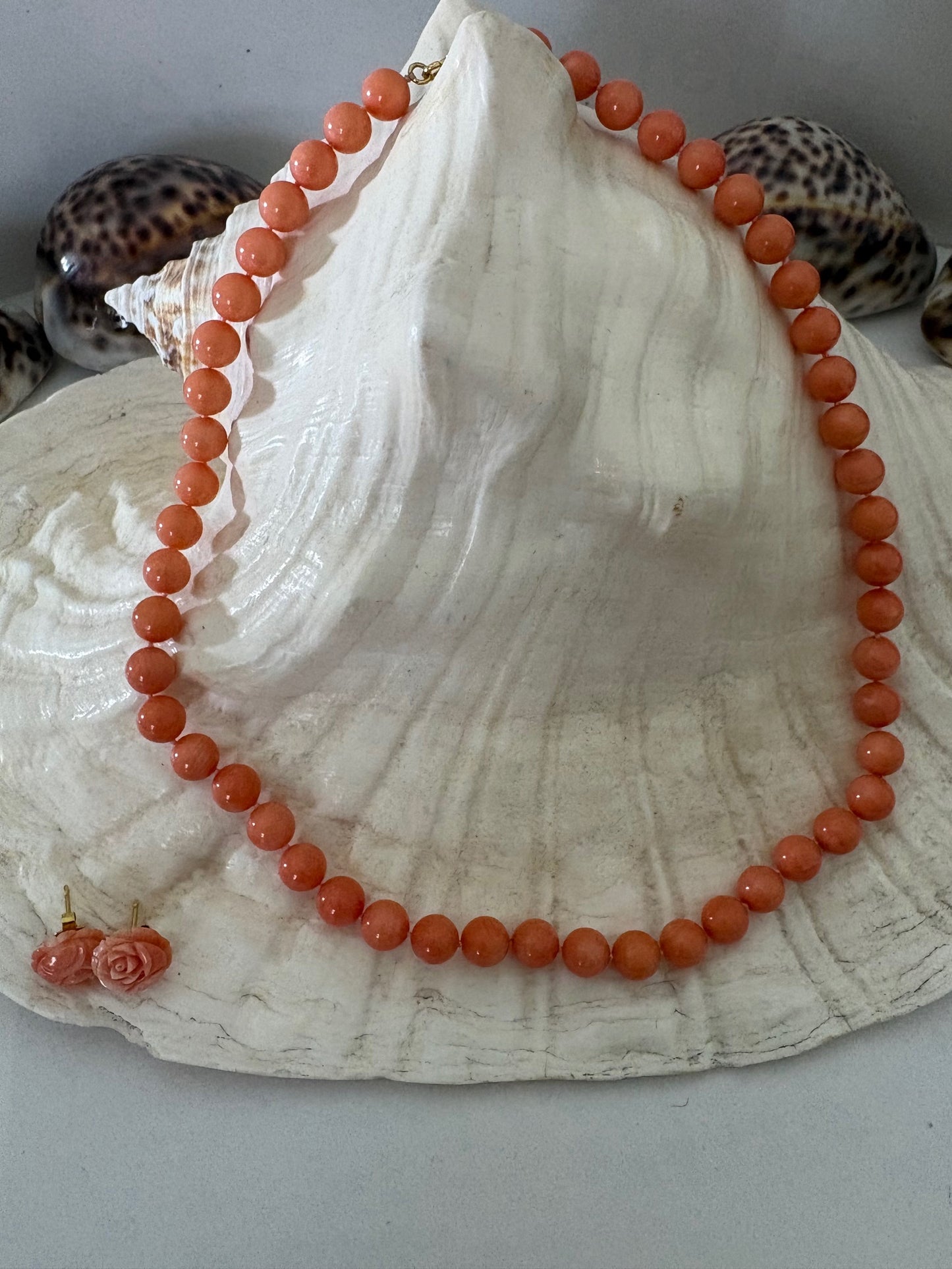 Vintage Engelshautkoralle-Set – rosa Korallenkette & Ohrringe, ca. 44 cm