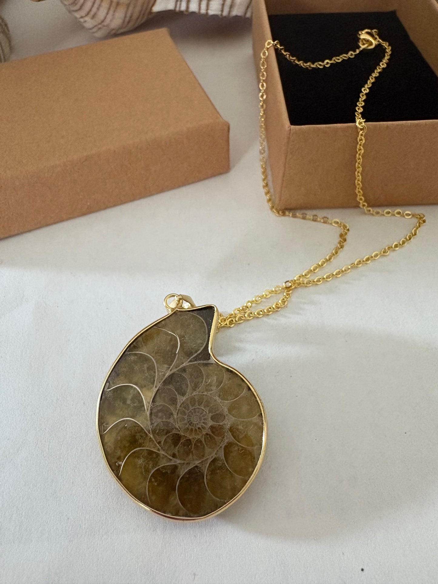 Vintage-Halskette mit Ammonitenfossil-Anhänger aus Madagaskar, vergoldete Kette