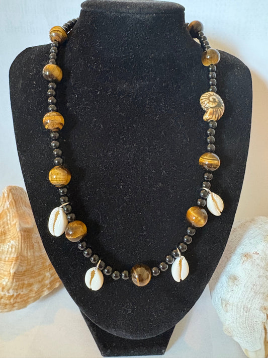 Handgefertigte Tigerauge-Muschelkette mit Schungit, Naturstein & Acryl