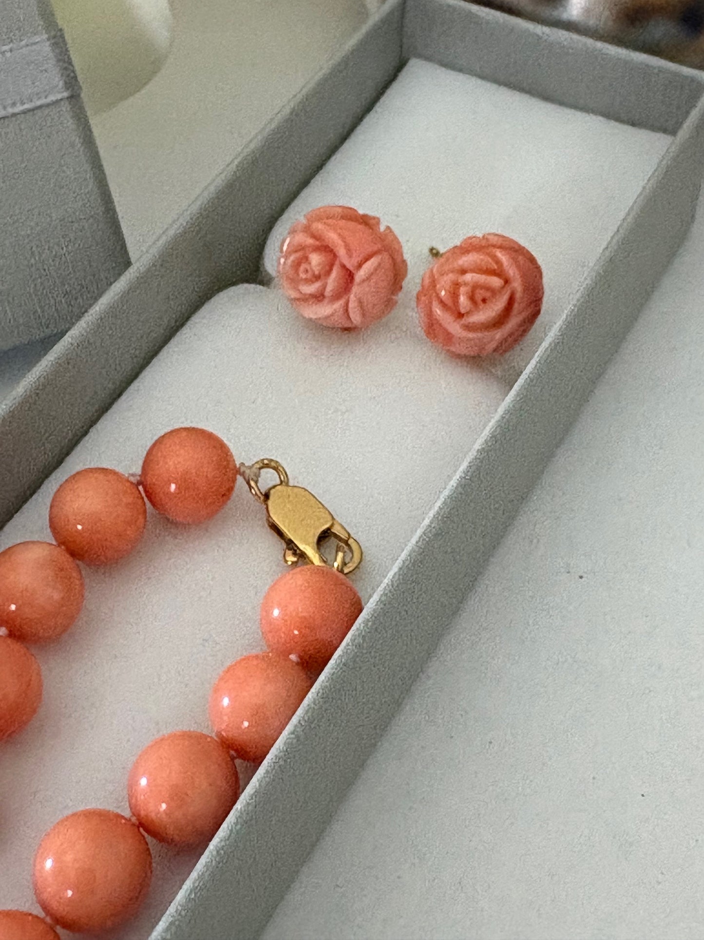 Vintage Engelshautkoralle-Set – rosa Korallenkette & Ohrringe, ca. 44 cm