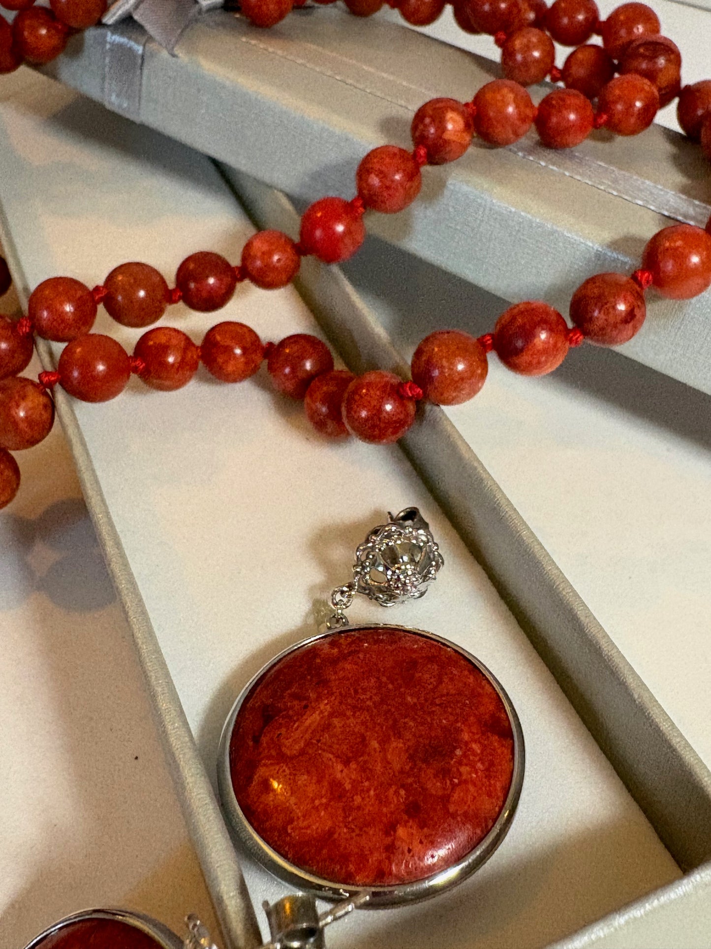 Vintage Bambuskoralle Schmuckset – lange Halskette & Ohrringe, ca. 150 cm