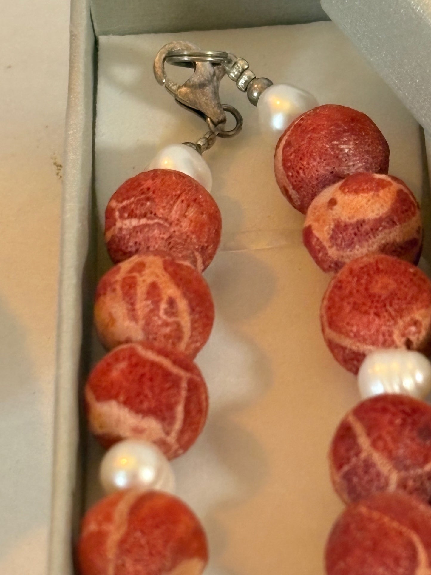 Vintage Schaumkorallen-Halskette – mit weißen Zuchtperlen, ca. 48 cm