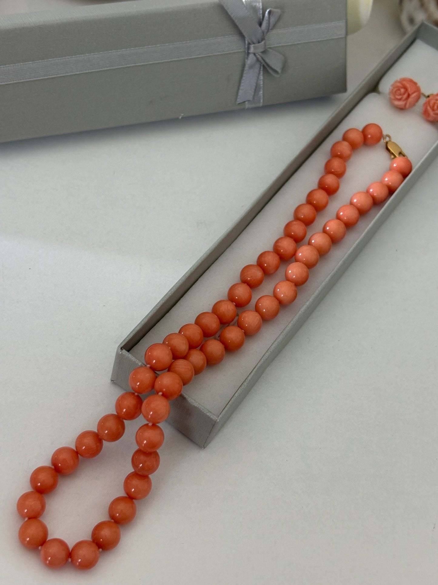 Vintage Engelshautkoralle-Set – rosa Korallenkette & Ohrringe, ca. 44 cm