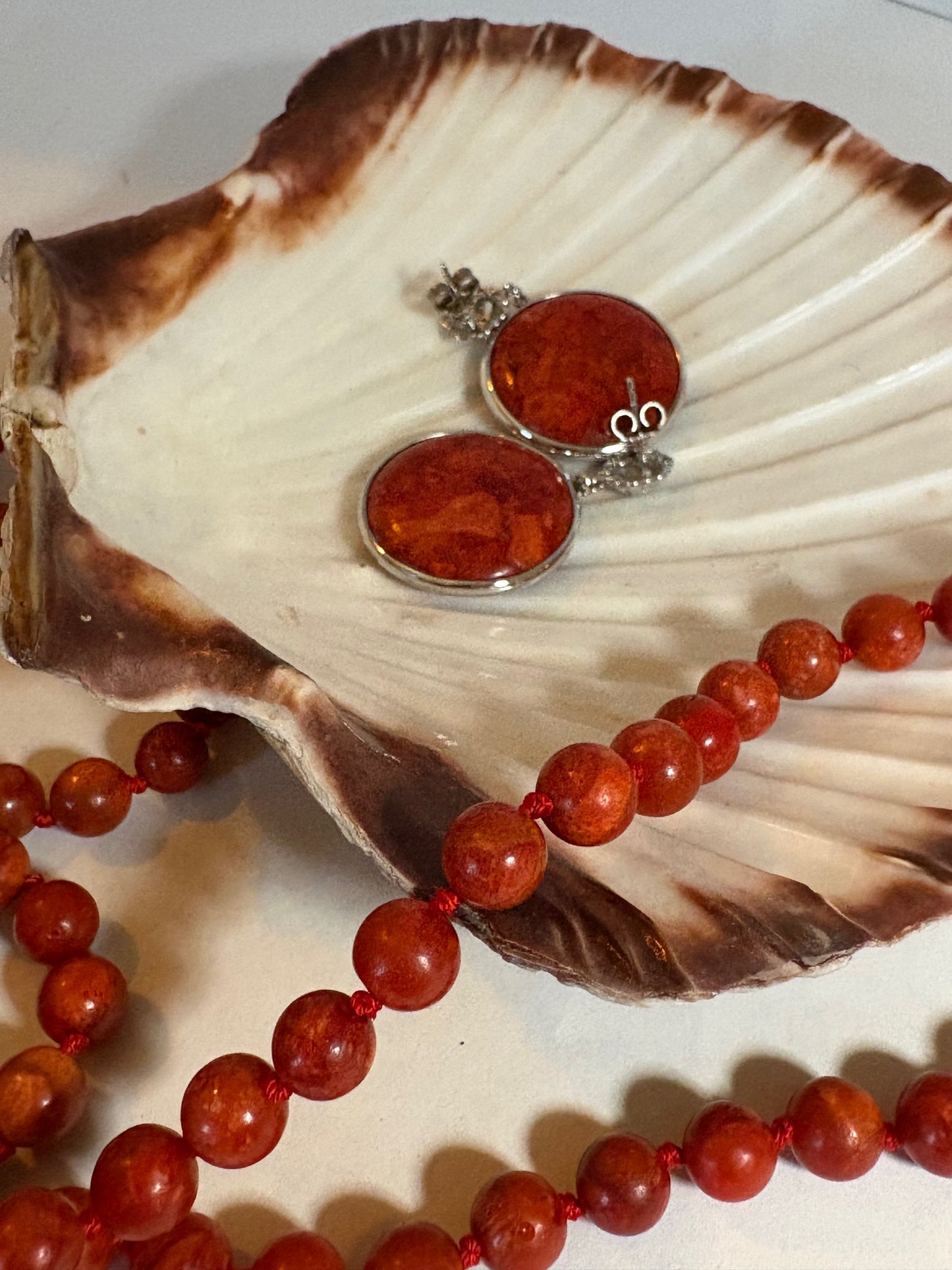 Vintage Bambuskoralle Schmuckset – lange Halskette & Ohrringe, ca. 150 cm